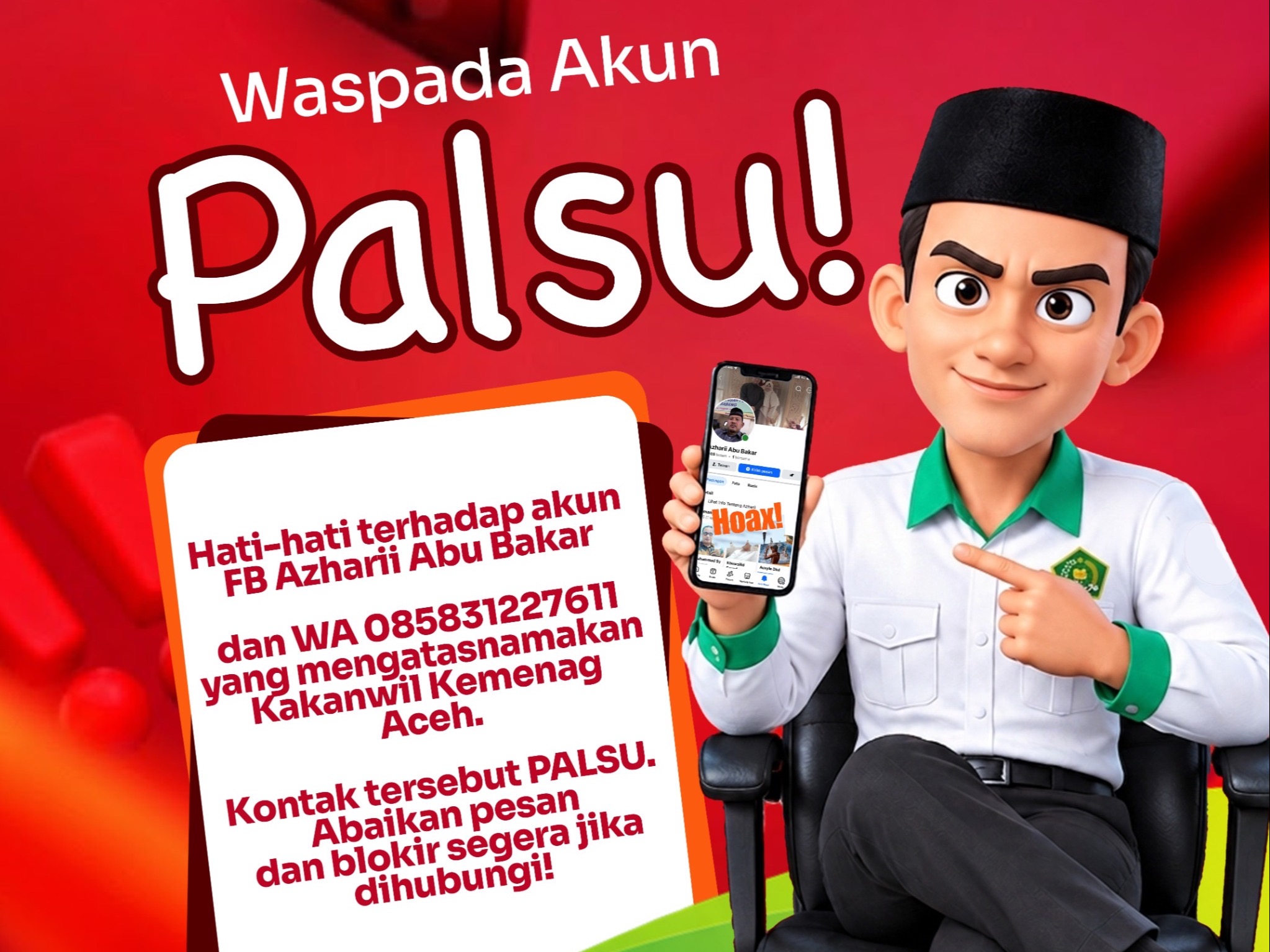 Waspada Penipuan, Akun Facebook dan WhatsApp Palsu Catut Nama Kakanwil Kemenag Aceh