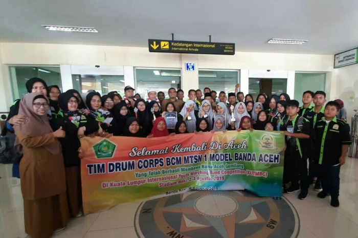 Raih 6 Juara International Youth Marching Band Competition, Drum Band BCM MTsN 1 tiba di Aceh