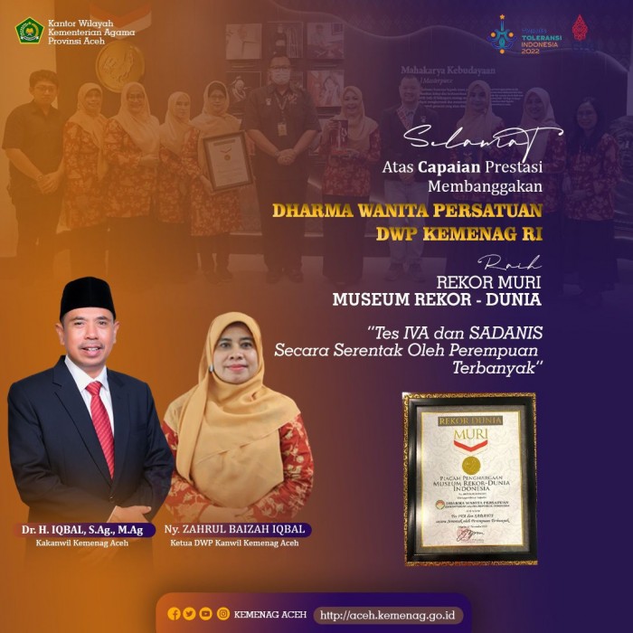 Ketua DWP Kemenag Aceh: Selamat atas Rekor MURI Tes Iva dan Sadanis Perempuan Terbanyak