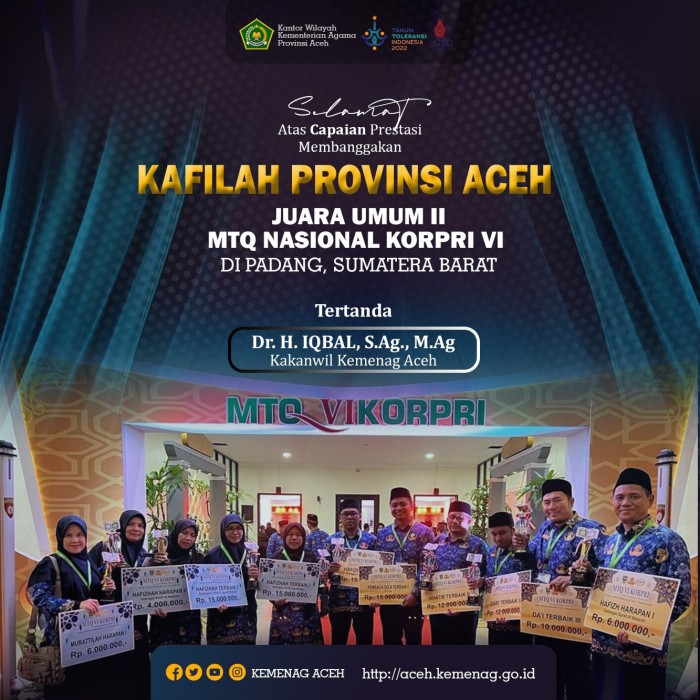 Kakanwil: Selamat Kafilah Aceh Juara II Nasional Korpri VI