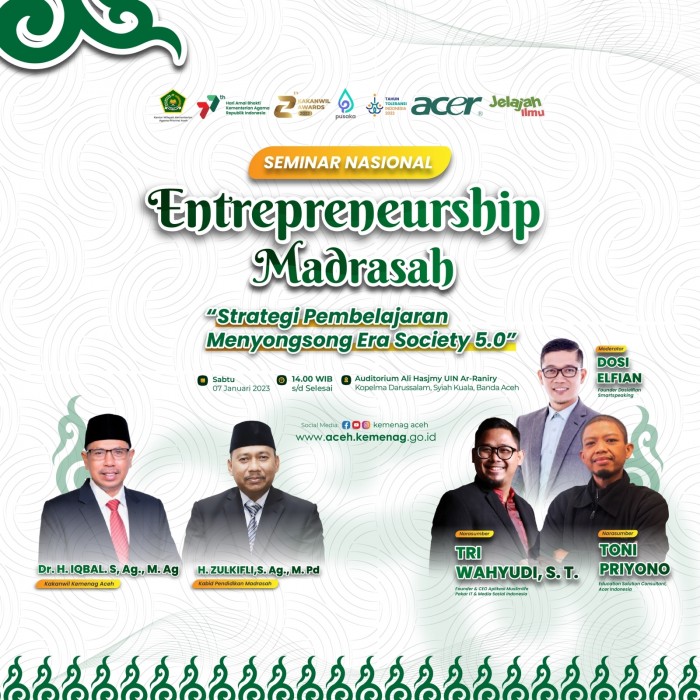 Hari Ini, Kemenag Aceh Gelar Seminar Enterpreneurship Madrasah Menyongsong Era 5.0